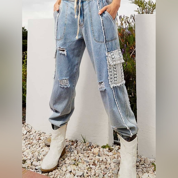 Boutique Pants - POL Denim joggers with crochet accents